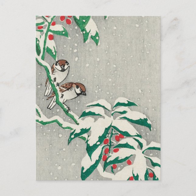 Sparrows om Snowy Berry Bush av Ohara Koson Vykort (Framsida)