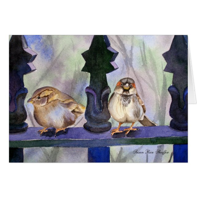 Sparrows på fence.en OBS kort (Framsidan Horizontal)