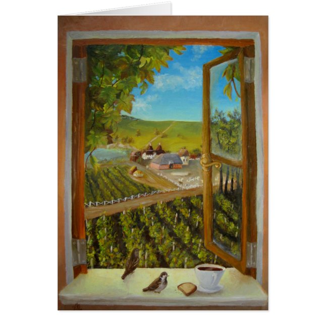 Sparrows på fönstersida hälsningskort (Framsidan)