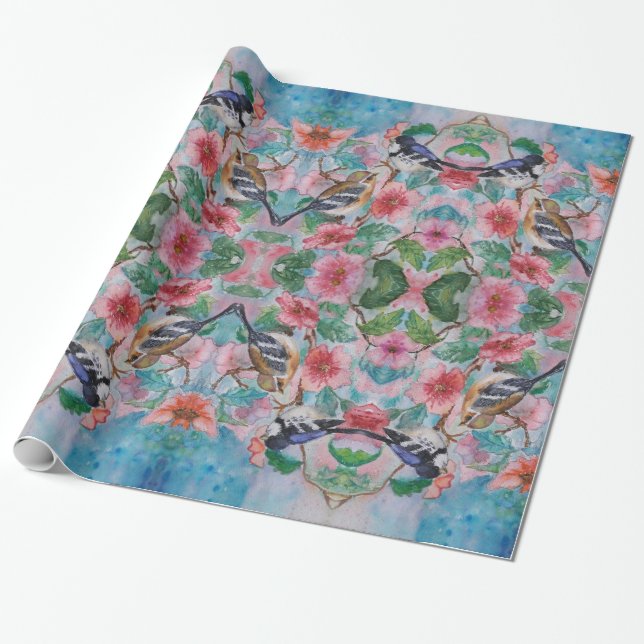 Sparrows Wrapping Papper Birds and Flowers Presentpapper (Utrullad)
