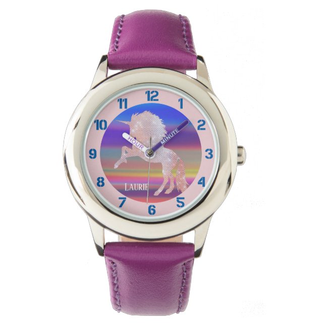 Sparsam Rosa Unicorn på Abstrakt Glow Armbandsur (Framsida)