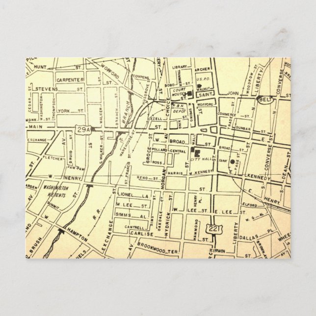 Spartanburg, SC Vintage Karta Vykort (Framsida)