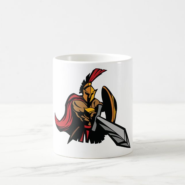 Spartansk krigarmaskot djärvt rött och guld kaffemugg (Skapare uppladdad)