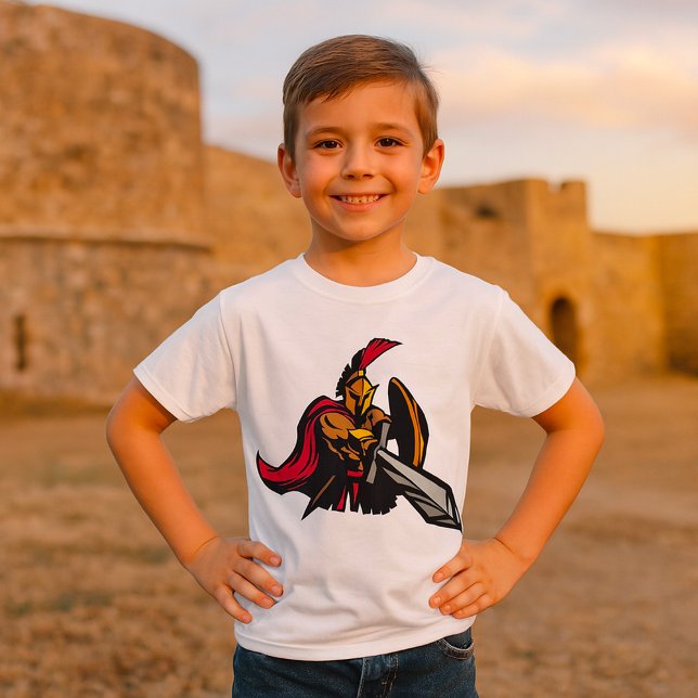 Spartansk krigarmaskot djärvt rött och guld t shirt (Skapare uppladdad)