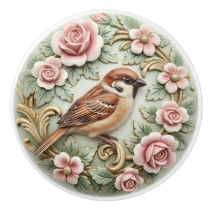 Sparv Fågel Vintage Viktoriansk Rosa Rosor Blommig Knopp