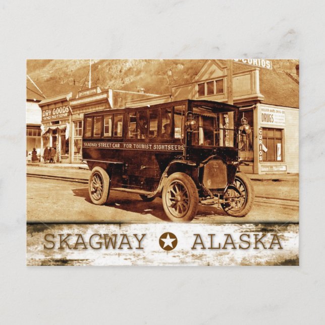 Spårvagn på Broadway Ave., Skagway, Alaska Vykort (Framsida)