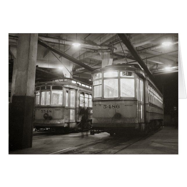 Spårvagnar vid terminalen, 1943 hälsningskort (Framsidan Horizontal)