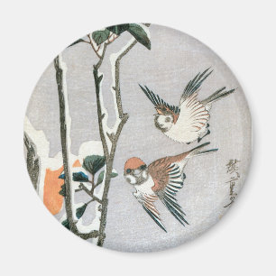 Sparvar och Camellia i snö av Ando Hiroshige Magnet