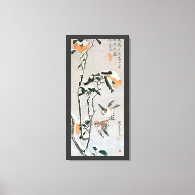 Sparvar och Kamelia i snö av Ando Hiroshige Canvastryck (Framsida)