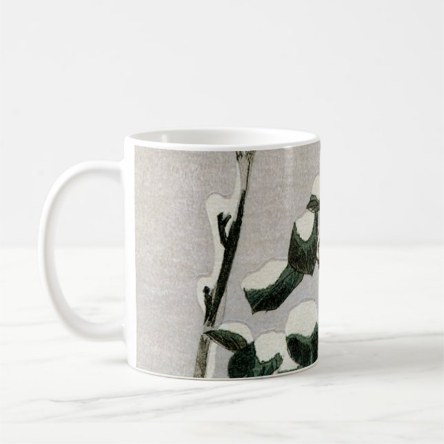 Sparvar och Kamelia i snö av Ando Hiroshige Kaffemugg (Vänster)