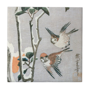 Sparvar och Kamelia i snö av Ando Hiroshige Kakelplatta