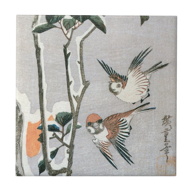 Sparvar och Kamelia i snö av Ando Hiroshige Kakelplatta (Framsidan)