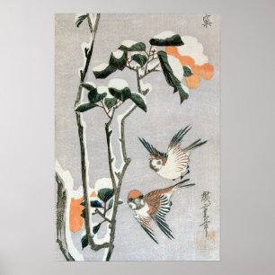 Sparvar och Kamelia i snö av Ando Hiroshige Poster