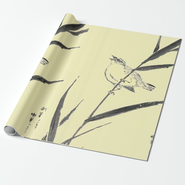 SPARVAR PÅ GRENAR GULT INPACKNINGSPAPPER PRESENTPAPPER (Utrullad)