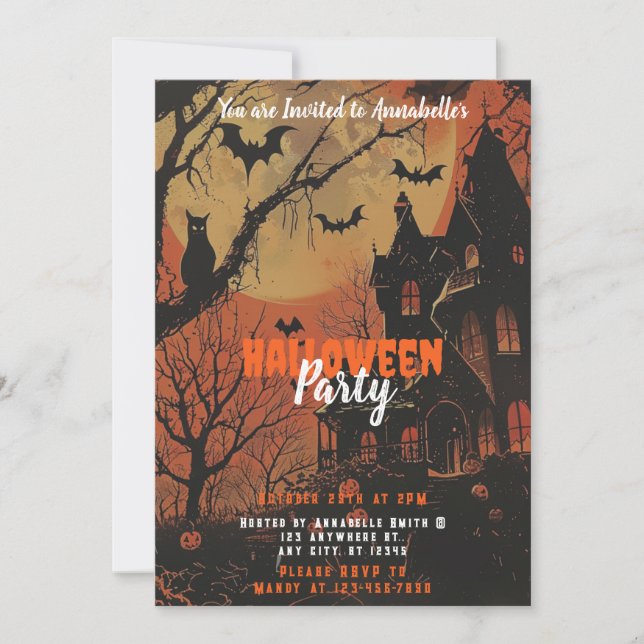 Sparvhus Fullmåne Pumpa Halloweenfest Inbjudningar (Framsida)