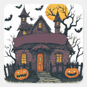 Sparvhus Med Pumpa Och Fullmåne 🎃 Fyrkantigt Klistermärke