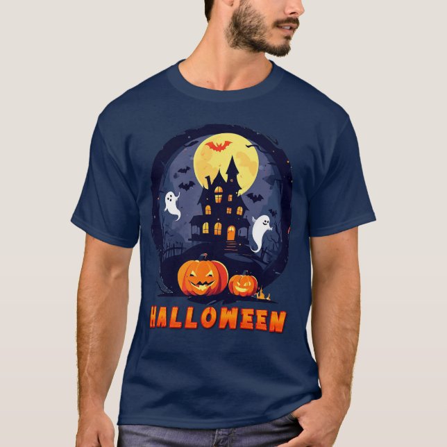 Sparvhus med pumpor, spöken och fullmåne t shirt (Framsida)