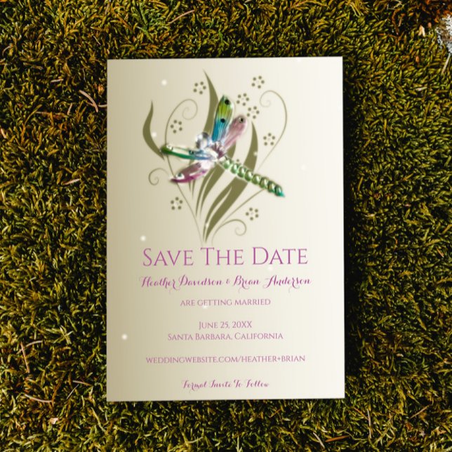Sparvingsjungfru Förhandsinbjudan till bröllop Spara Datumet (Jeweled Dragonfly Save the Date Wedding Announcement)