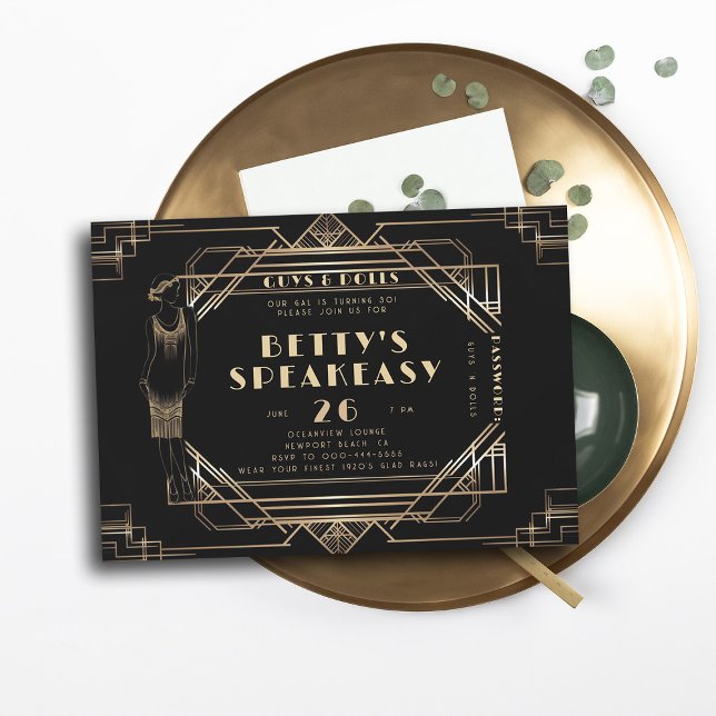 Speakeasy Flapper Roaring 20:e Guld Gatsby Birthda Inbjudningar (roaring 20s speakeasy gatsby gold black adult birthday party invitation)
