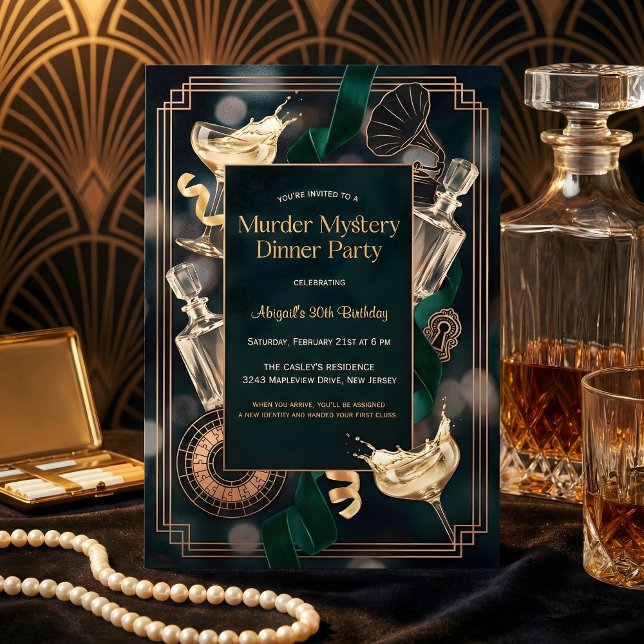 Speakeasy-mordgåta middagsfirande födelsedagsfest inbjudningar (Speakeasy Murder Mystery Birthday – Art Deco Black & Gold, Champagne, Personalized)