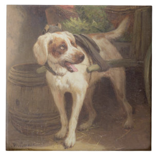Specerihandlare hund (olja på panel) kakelplatta