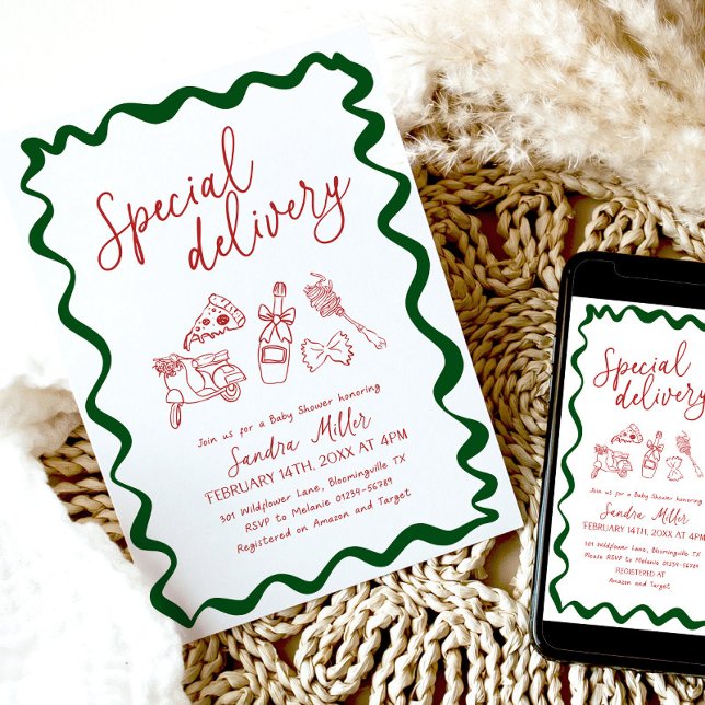 Special Delivery Pizza Baby Shower Italian Inbjudningar (Special Delivery Italian baby shower invitation)