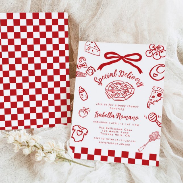 Special Delivery Whimsical Bow Pizza Baby Shower Inbjudningar (Skapare uppladdad)