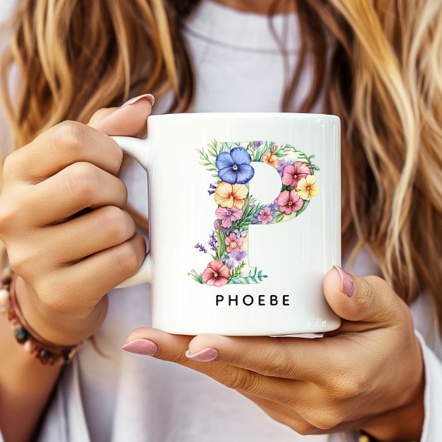 Specialbeställd blommig alfabetmugg som bröllopspr kaffemugg (Custom Monogram Name Mug for Mom or Bridesmaids, Custom Floral Alphabet Mug for Teacher or Nurse)