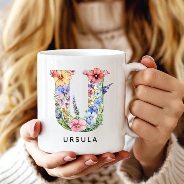 Specialdesignad blomsterbokstavsmugg födelsedagspr kaffemugg (floral alphabet mug gift for her, custom mug birthday gift wife, floral monogram graduation for girl)