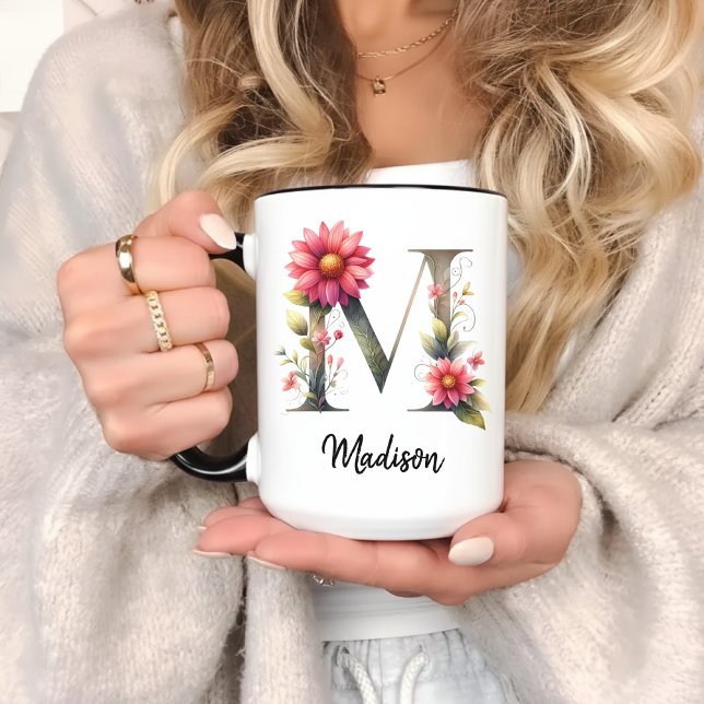 Specialdesignad vildblommamonogrammugg till mamma  mugg (wildflower mug, floral monogram mug, personalized name mug, custom initial mug, pink wildflower mug,)