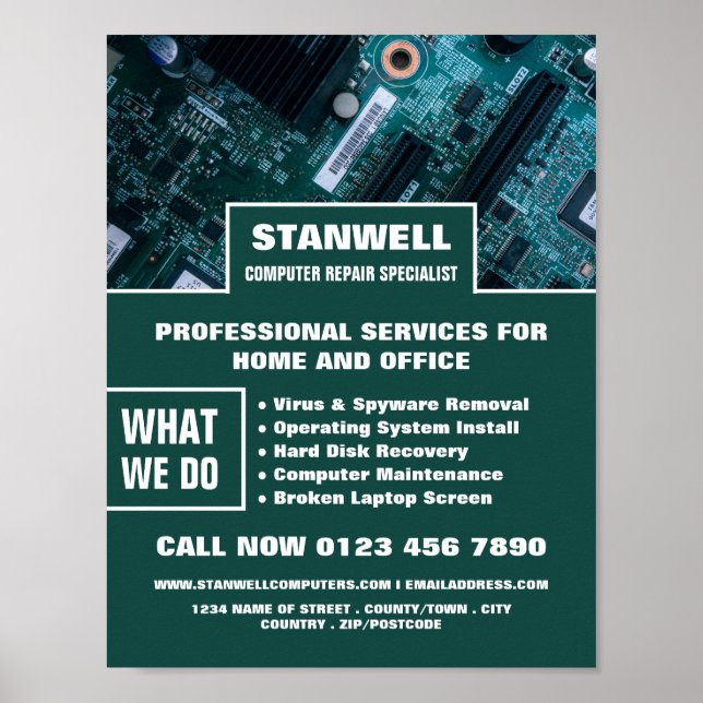 Specialistreklam för datorreparationer på moderkor poster (Framsidan)