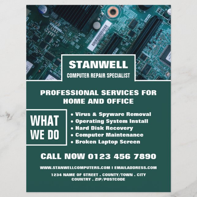 Specialistreklam för datorreparationer på moderkor reklamblad (Framsidan)