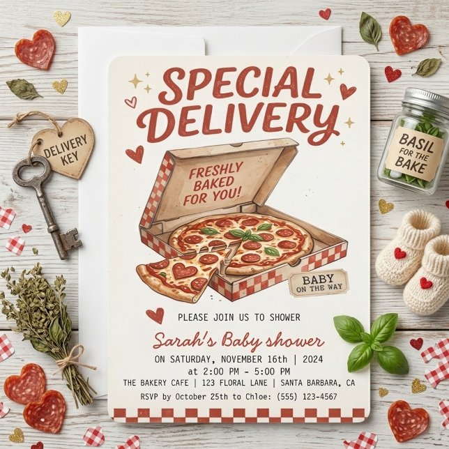 Specialleverans Pizza Baby Shower Nyss Bakad  Inbjudningar (Skapare uppladdad)