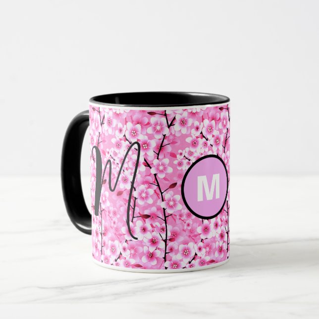 Specialmugg | Rosa blommig mugg med initialer (Framsida vänster)