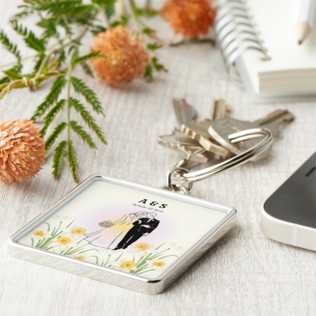 Specialritad illustrationsgåva för par – fyrkantig silverfärgad nyckelring (Sidan)