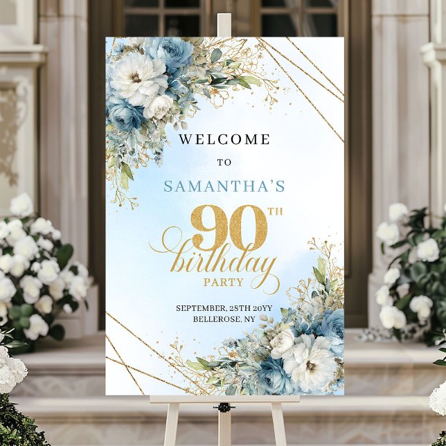 Speciell Boho dammig blå guld 90-års välkomstskylt Poster (Special Boho dusty blue gold 90th birthday welcome)