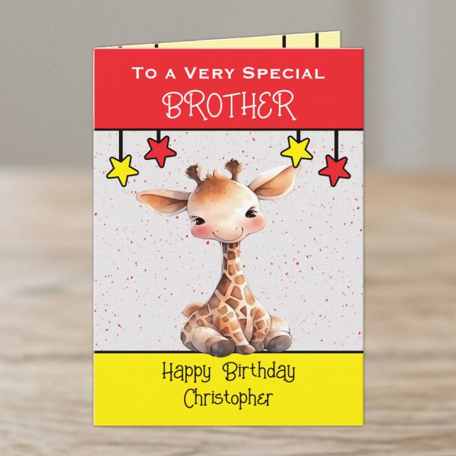 Speciell bror giraffd-barn röda födelsedag kort (Skapare uppladdad)