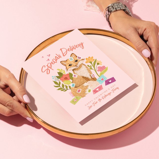 Speciell Delivery Cute Fox & Blommigt Valentine Da Helg Vykort (Skapare uppladdad)
