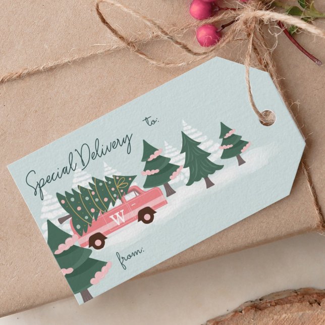 Speciell Delivery Julgran Retro Rosa Van Presentetikett (Special Delivery Christmas Tree Retro Pink Van Gift Tags)