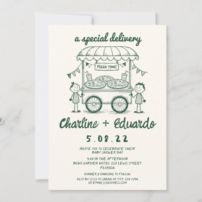 Speciell Delivery Pizza doodle babyduschflicka Inbjudningar (Framsida)