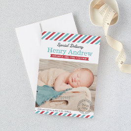 Speciell Delivery Pojke Aqua och Red Photo Birth Meddelande