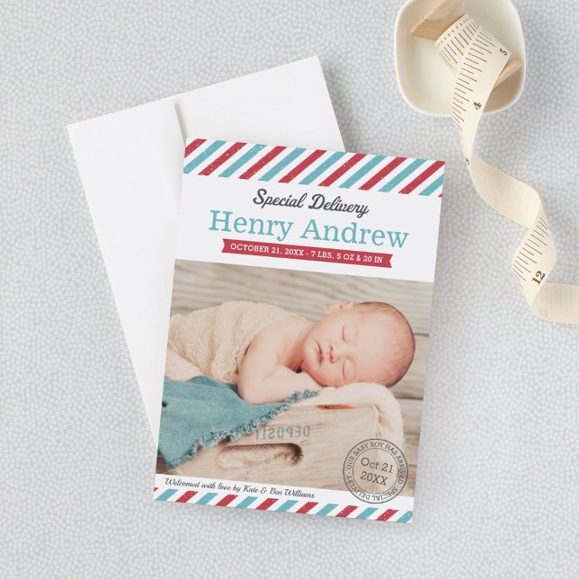 Speciell Delivery Pojke Aqua och Red Photo Birth Meddelande (Skapare uppladdad)