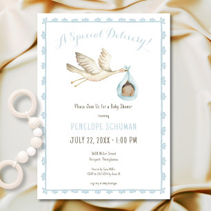 Speciell Delivery Stork Blue Pojke Baby Shower Inbjudningar