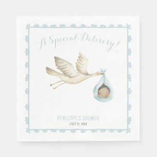 Speciell Delivery Stork Blue Pojke Baby Shower Pappersservett
