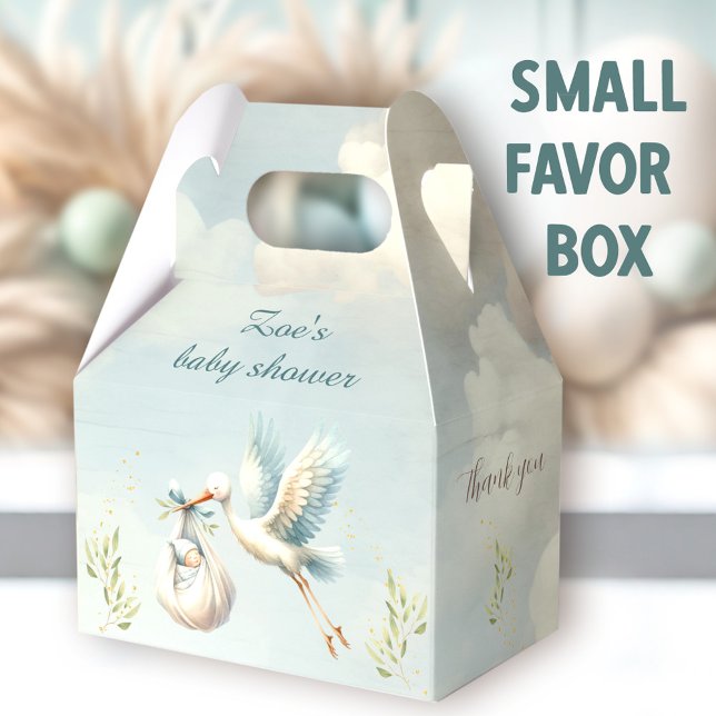 Speciell Delivery Stork Boy Shower Small Presentaskar (Special Delivery Stork Small Favor Boxes - You can choose from 3 sizes of these gable favor boxes.)