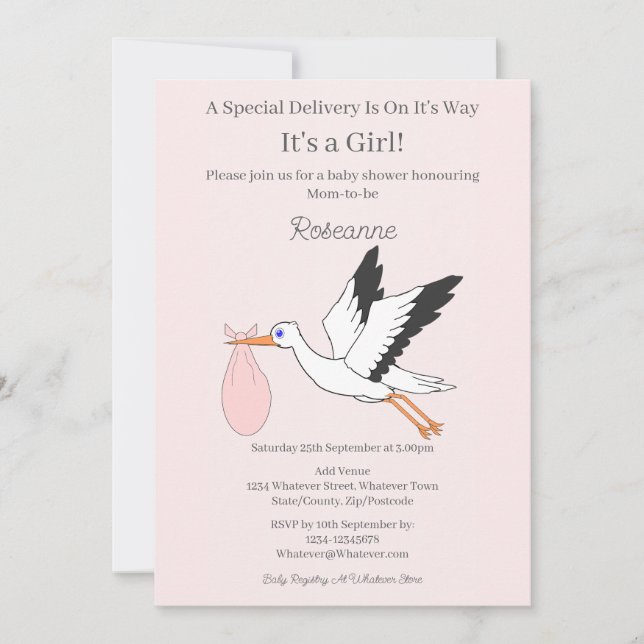 Speciell Delivery Stork Flicka Baby Shower Inbjudningar (Framsida)