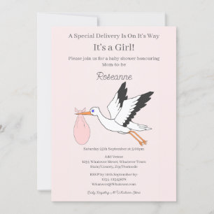 Speciell Delivery Stork Flicka Baby Shower Inbjudningar