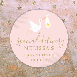 Speciell Delivery Stork Flicka Rosa Shower Runt Klistermärke