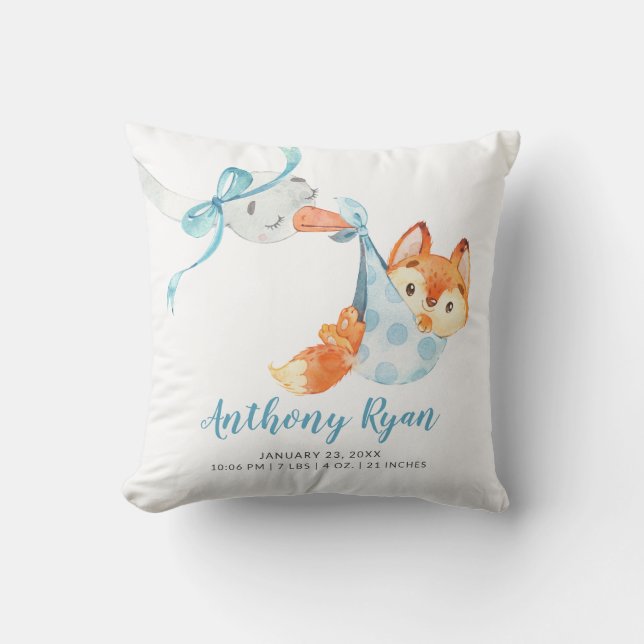 Speciell Delivery Stork Fox Baby Birth Stats Kudde (Framsida)