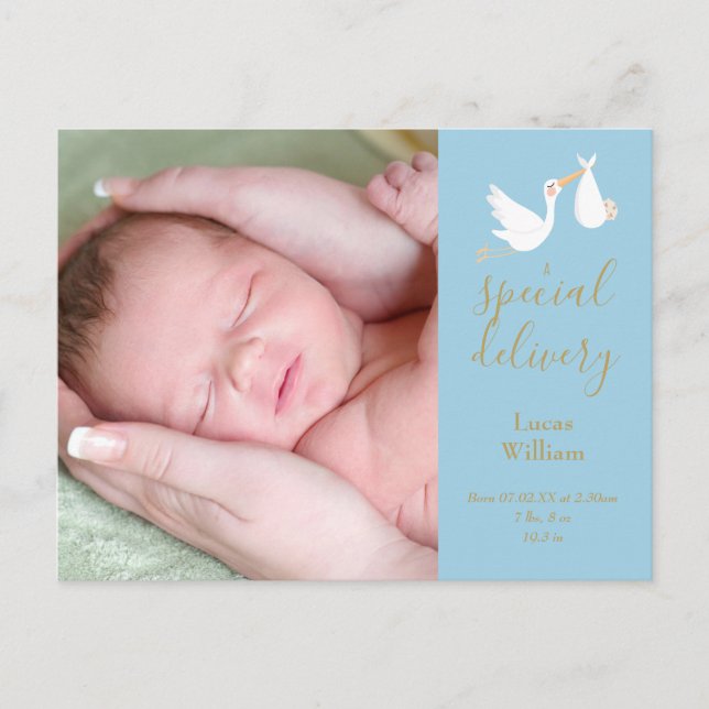 Speciell Delivery Stork Pojke Photo Blue Birth Meddelande Vykort (Framsida)